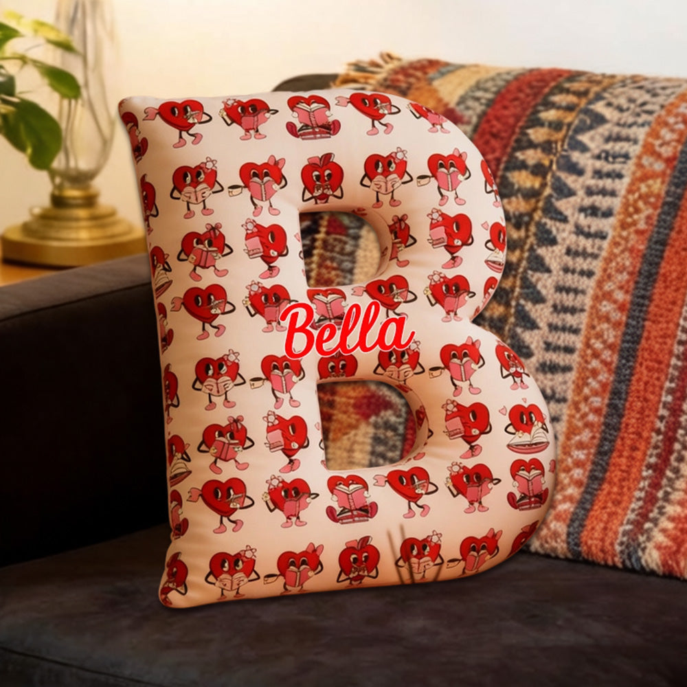 Personalized Bookish Heart Alphabet Pillow with Custom Name, Reading Lover Throw Cushion, Gift for Book Lovers, Valentine’s Day Gift