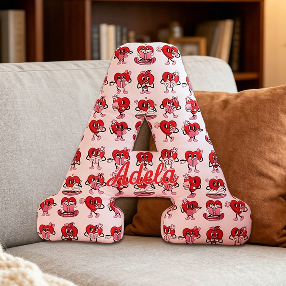 Personalized Bookish Heart Alphabet Pillow with Custom Name, Reading Lover Throw Cushion, Gift for Book Lovers, Valentine’s Day Gift