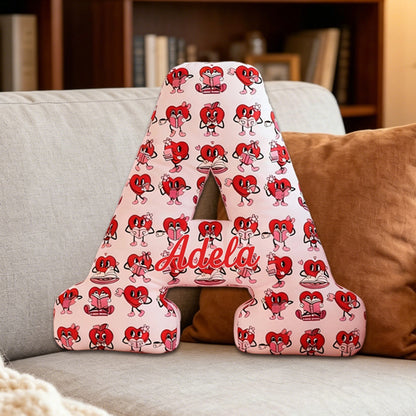 Personalized Bookish Heart Alphabet Pillow with Custom Name, Reading Lover Throw Cushion, Gift for Book Lovers, Valentine’s Day Gift