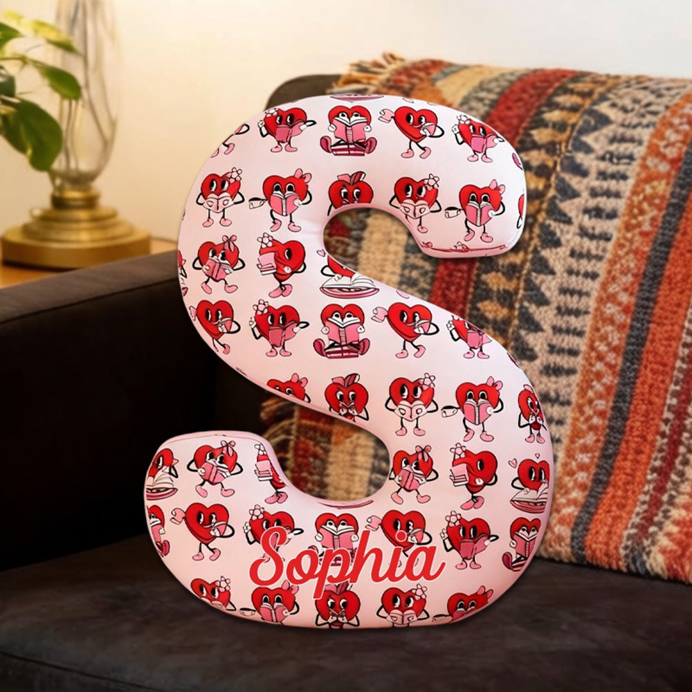 Personalized Bookish Heart Alphabet Pillow with Custom Name, Reading Lover Throw Cushion, Gift for Book Lovers, Valentine’s Day Gift