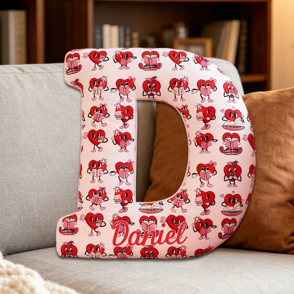 Personalized Bookish Heart Alphabet Pillow with Custom Name, Reading Lover Throw Cushion, Gift for Book Lovers, Valentine’s Day Gift