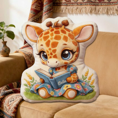 Personalized Reading Giraffe Throw Pillow, Custom Name Book Lover Plush Cushion, Gift for Kids, Boys & Girls Bookworm Decor