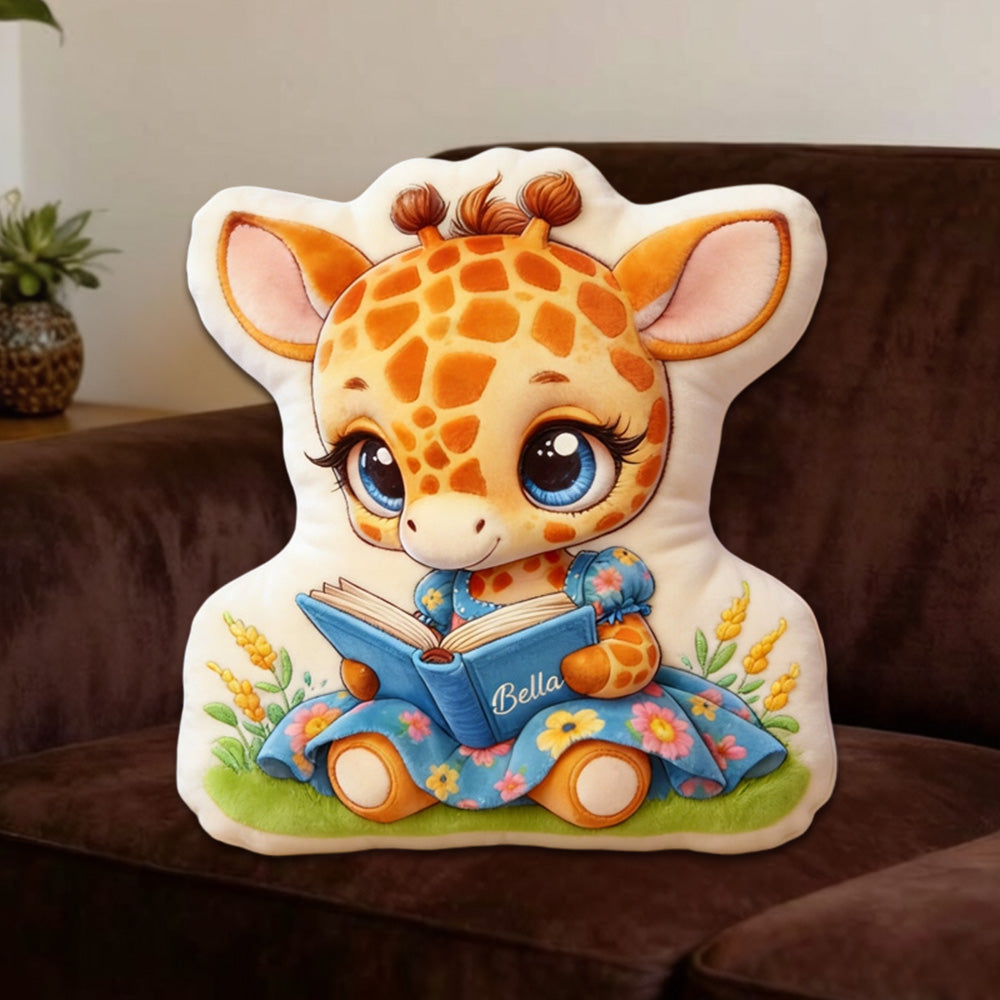 Personalized Reading Giraffe Throw Pillow, Custom Name Book Lover Plush Cushion, Gift for Kids, Boys & Girls Bookworm Decor