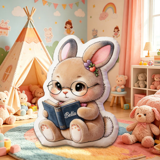 Personalized Reading Bunny Pillow with Custom Name, 3D Graphic Rabbit Book Cushion, Gift for Kids, Book Lovers & Bookworms