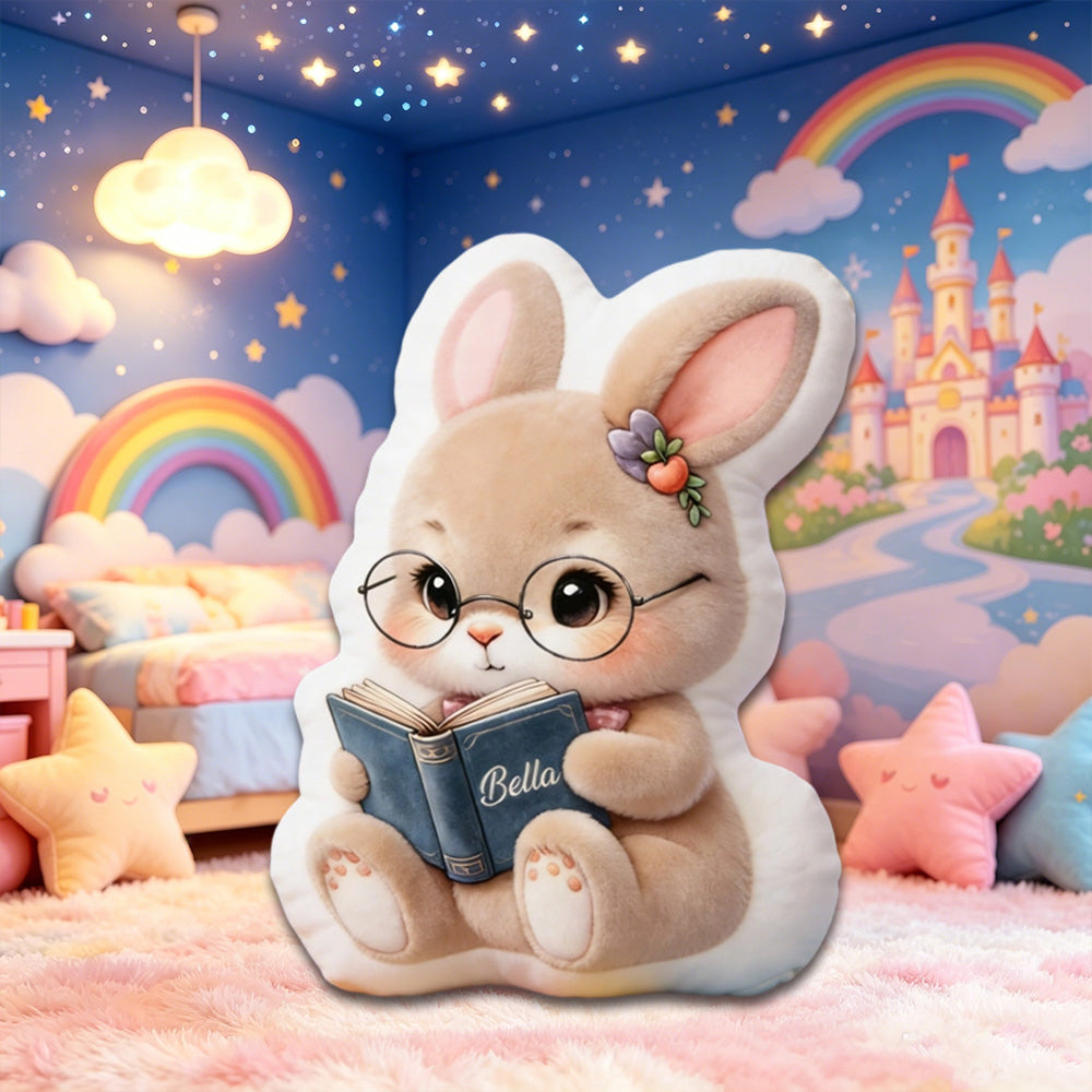 Personalized Reading Bunny Pillow with Custom Name, 3D Graphic Rabbit Book Cushion, Gift for Kids, Book Lovers & Bookworms