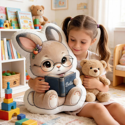 Personalized Reading Bunny Pillow with Custom Name, 3D Graphic Rabbit Book Cushion, Gift for Kids, Book Lovers & Bookworms