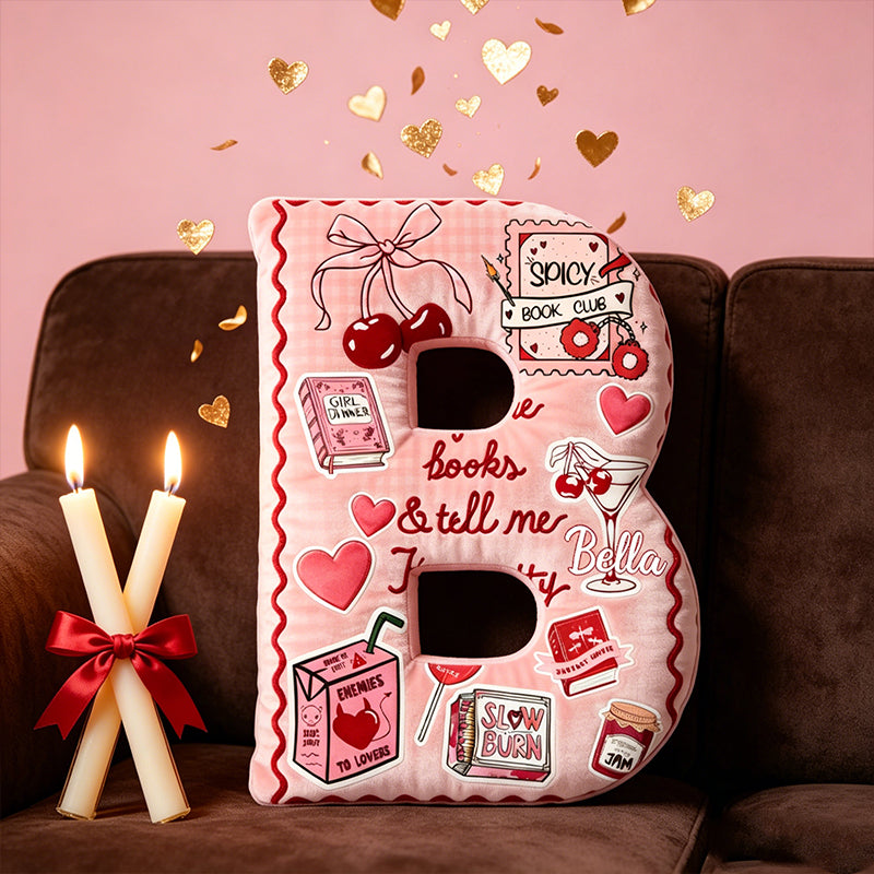 Personalized “Buy Me Books” Alphabet Throw Pillow with Custom Name, Book Club Letter Cushion, Gift for Book Lovers, Bookworm & Girlfriend
