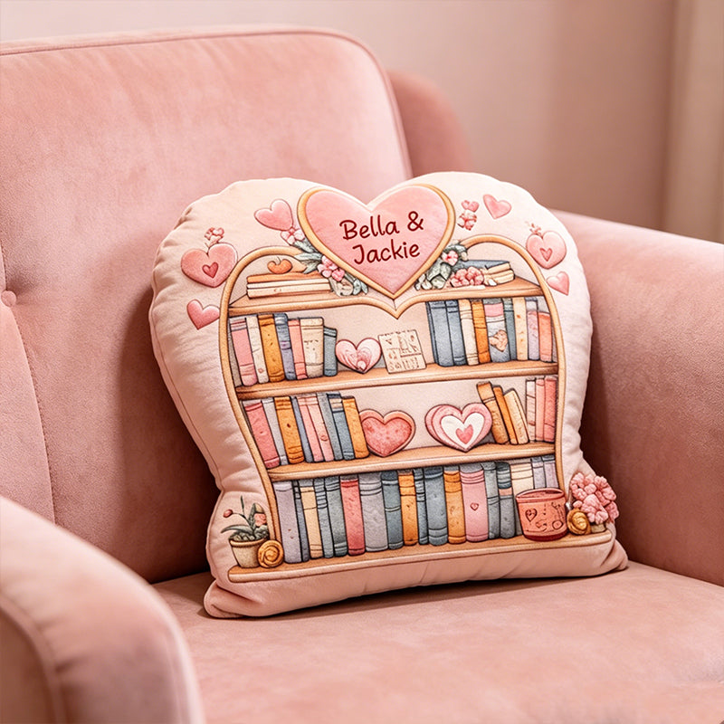 Personalized Valentine Bookshelf Pillow with Custom Name, Romantic Book Lover Cushion, Gift for Girlfriend, Wife & Bookworm