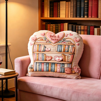 Personalized Valentine Bookshelf Pillow with Custom Name, Romantic Book Lover Cushion, Gift for Girlfriend, Wife & Bookworm