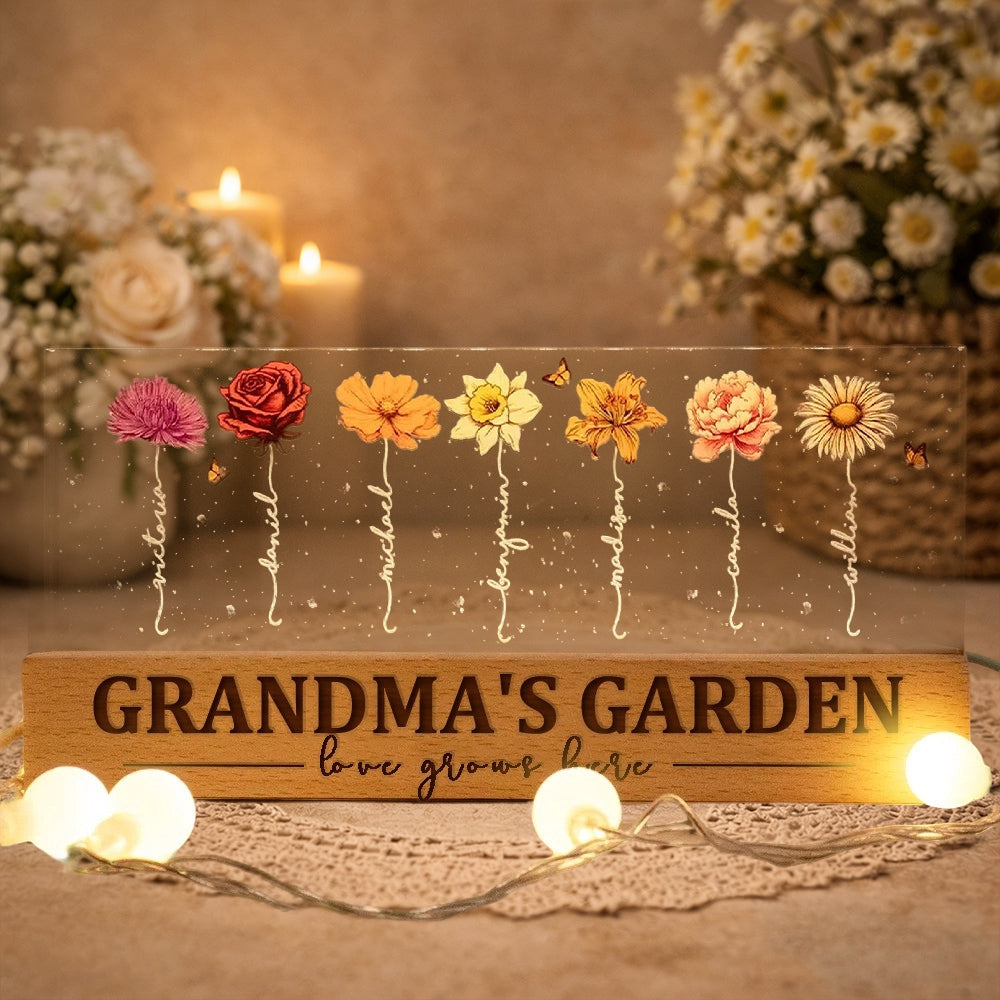 Custom Wooden Grandma's Garden Love Grows Here Birth Flower Night Light Keepsake Gifts For Mom Grandma Christmas Gift Ideas