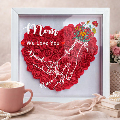 Personalized “Mom, We Love You” Holding Hands Heart Flower Shadow Box – Custom Kids’ Names, Perfect Mother’s Day Gift