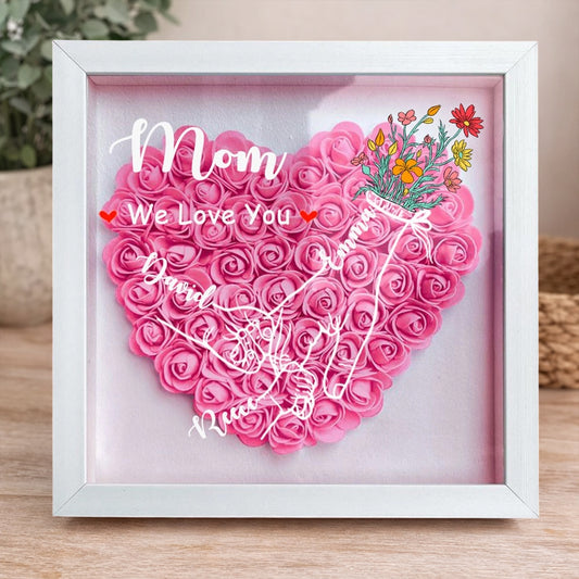 Personalized “Mom, We Love You” Holding Hands Heart Flower Shadow Box – Custom Kids’ Names, Perfect Mother’s Day Gift