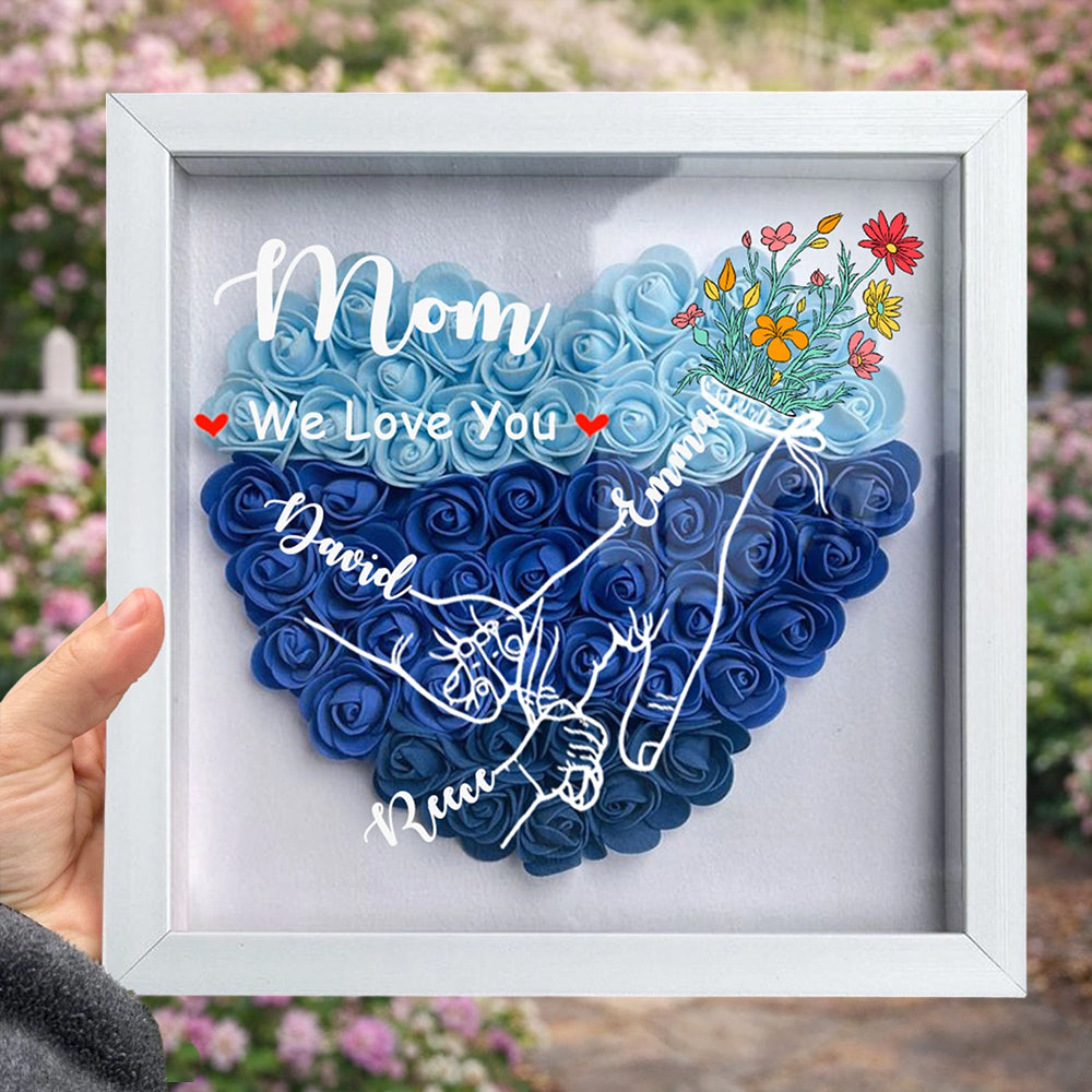 Personalized “Mom, We Love You” Holding Hands Heart Flower Shadow Box – Custom Kids’ Names, Perfect Mother’s Day Gift