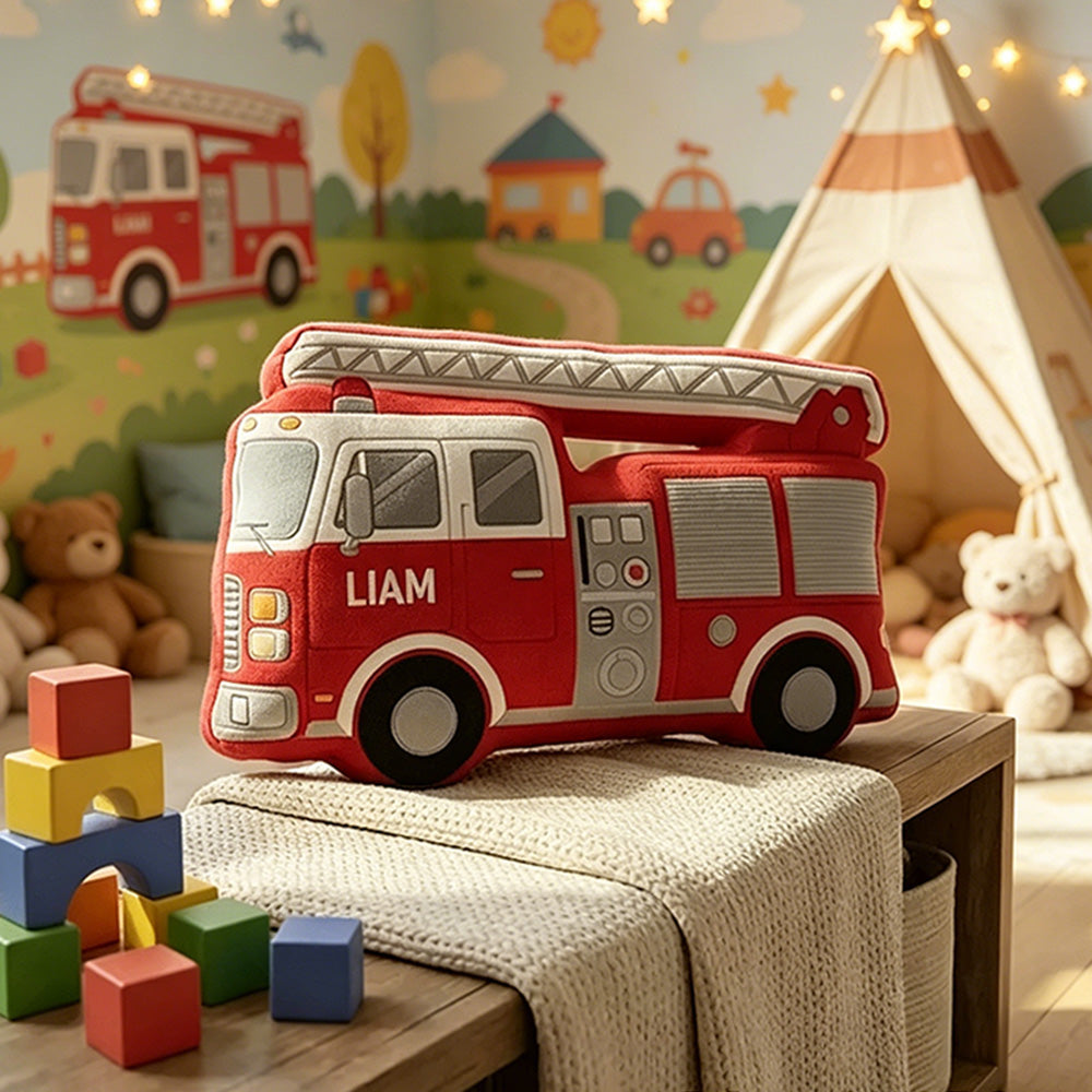 Personalized Fire Truck Plush Pillow Custom Name Cushion Gift for Firefighters and Fire Truck Lovers