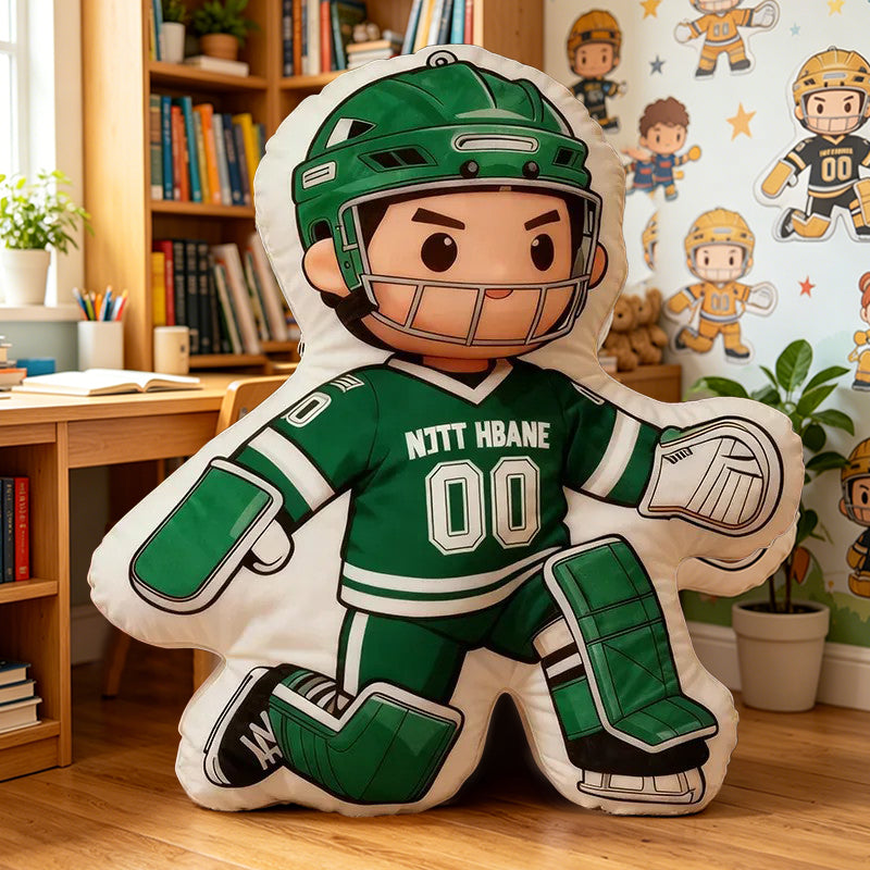 Personalized Ice Hockey Goalie Pillow with Custom Name & Jersey Number – Hockey Player Cushion, Sports Room Decor, Gift for Kids, Players, and Ice Hockey Fans