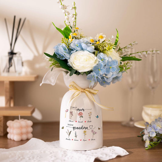 Personalized First Mom Now Grandma Birth Month Flower Vase with Names Mother's Day Gift