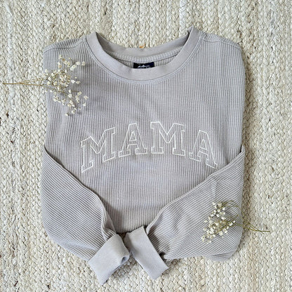 Embroidered Waffle Knit Mama Crewneck Sweatshirt with Kid Names on Sleeve