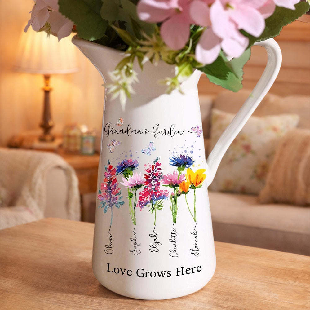 Grandma’s Garden Personalized Birth Flower Vase – Custom Kids’ Names, Mother's Day Gift for Mom or Grandma