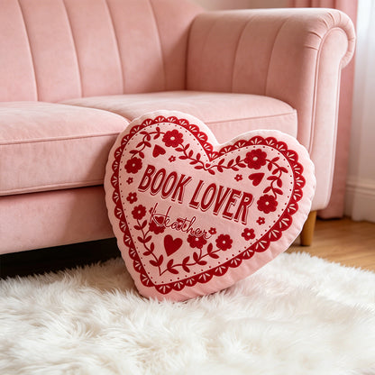 Personalized Book Lover Heart Pillow with Custom Name, Red Book Heart Cushion, Romantic Gift for Readers, Girlfriend & Valentine's Day