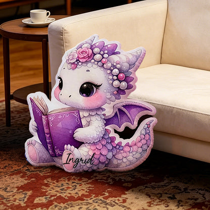 Personalized Reading Dragon Pillow with Custom Name, Book Lover Throw Pillow, Cute Dragon Reading Cushion, Gift for Kids & Readers