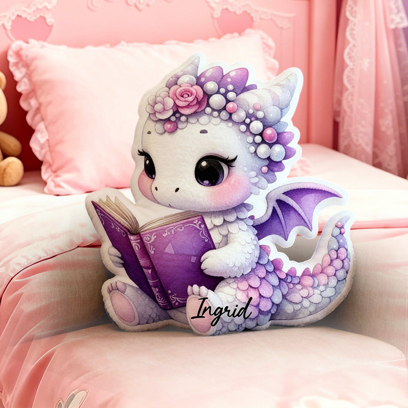 Personalized Reading Dragon Pillow with Custom Name, Book Lover Throw Pillow, Cute Dragon Reading Cushion, Gift for Kids & Readers