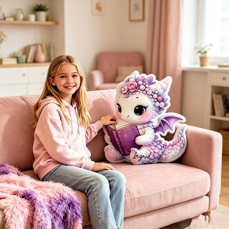 Personalized Reading Dragon Pillow with Custom Name, Book Lover Throw Pillow, Cute Dragon Reading Cushion, Gift for Kids & Readers