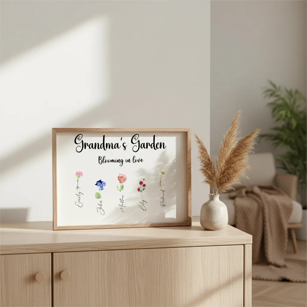 Personalized Grandmas Garden Birth Month Flower Print  Wall Art with Kids Names Mother's Day Gift