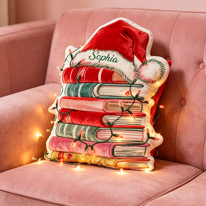 Personalized Christmas Book Pillow with Custom Name, Book Lover Throw Cushion, Cozy Holiday Gift for Kids, Boys & Girls