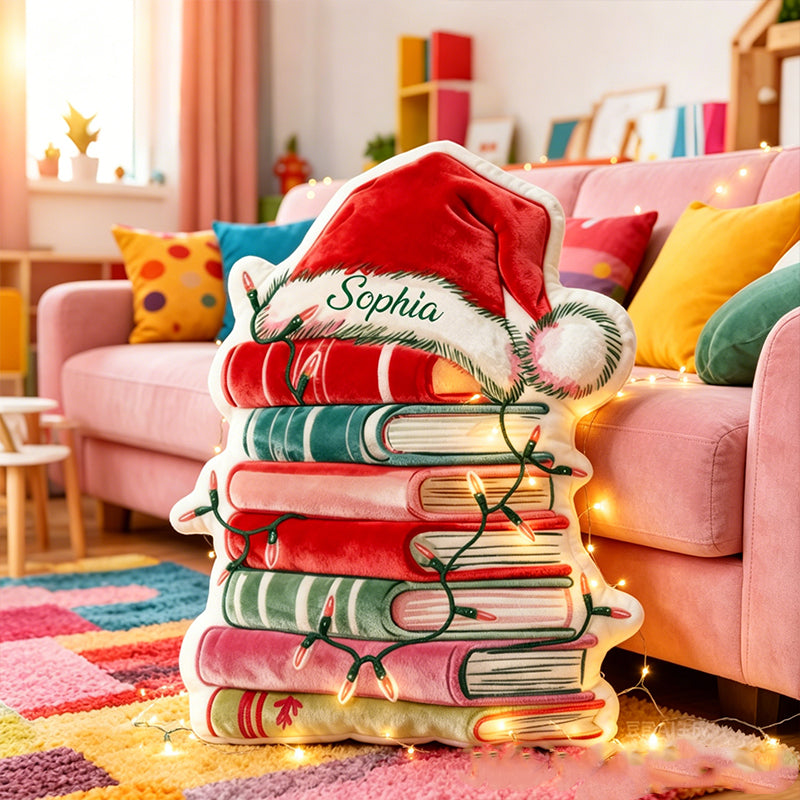 Personalized Christmas Book Pillow with Custom Name, Book Lover Throw Cushion, Cozy Holiday Gift for Kids, Boys & Girls