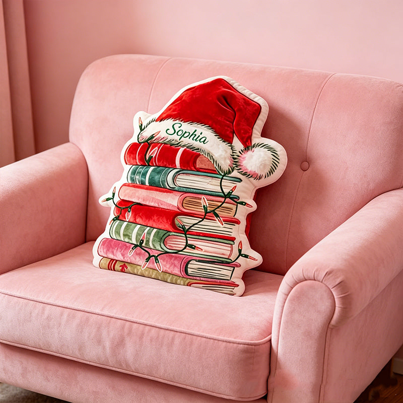 Personalized Christmas Book Pillow with Custom Name, Book Lover Throw Cushion, Cozy Holiday Gift for Kids, Boys & Girls