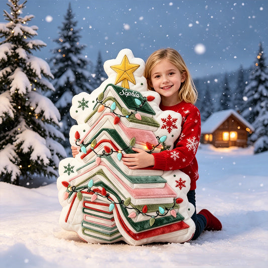 Personalized Book Christmas Tree Pillow with Custom Name, Book Lover Throw Cushion, Christmas Gift for Kids, Boys & Girls Room Decor