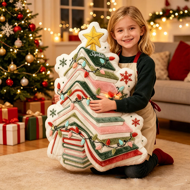 Personalized Book Christmas Tree Pillow with Custom Name, Book Lover Throw Cushion, Christmas Gift for Kids, Boys & Girls Room Decor