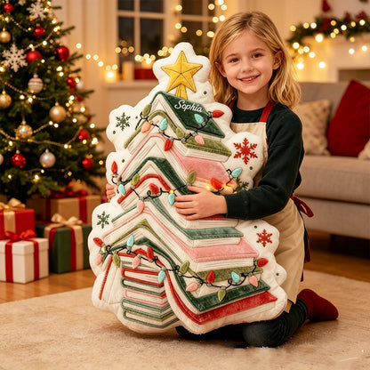 Personalized Book Christmas Tree Pillow with Custom Name, Book Lover Throw Cushion, Christmas Gift for Kids, Boys & Girls Room Decor