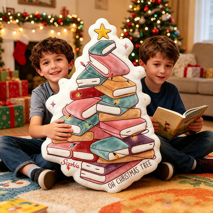 Personalized Book Christmas Tree Pillow with Custom Name, Book Lover Throw Cushion, Cute Holiday Decor Gift for Kids, Boys & Girls