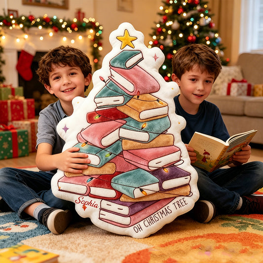 Personalized Book Christmas Tree Pillow with Custom Name, Book Lover Throw Cushion, Cute Holiday Decor Gift for Kids, Boys & Girls