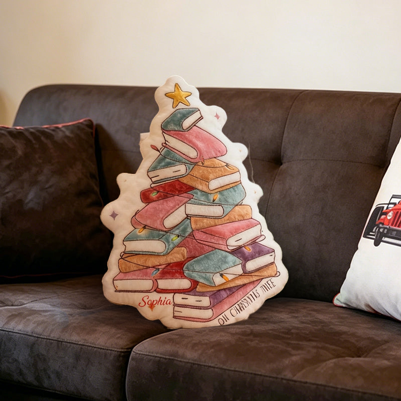Personalized Book Christmas Tree Pillow with Custom Name, Book Lover Throw Cushion, Cute Holiday Decor Gift for Kids, Boys & Girls