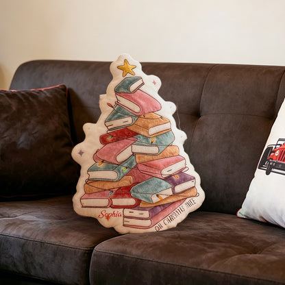 Personalized Book Christmas Tree Pillow with Custom Name, Book Lover Throw Cushion, Cute Holiday Decor Gift for Kids, Boys & Girls