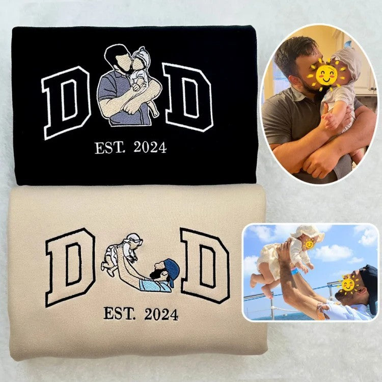 Embroidered Embroidered Dad Portrait Hoodie Father and Son/Daughter Sweatshirt with Photo Father's Day Gift