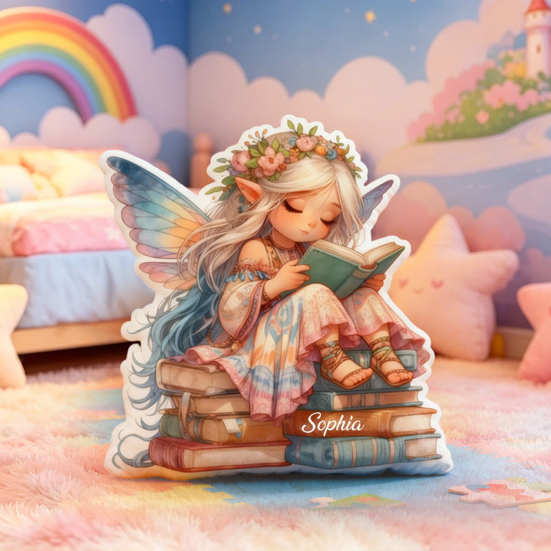 Personalized Fairy Reading Pillow with Custom Name, Cute Elf Book Lover Throw Cushion, Christmas Gift for Kids, Boys & Girls