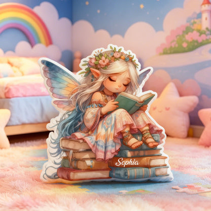 Personalized Fairy Reading Pillow with Custom Name, Cute Elf Book Lover Throw Cushion, Christmas Gift for Kids, Boys & Girls
