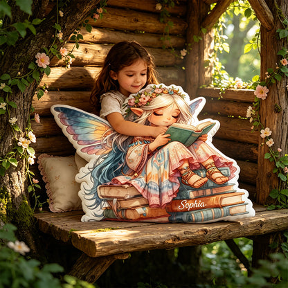 Personalized Fairy Reading Pillow with Custom Name, Cute Elf Book Lover Throw Cushion, Christmas Gift for Kids, Boys & Girls