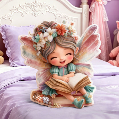 Personalized Fairy Reading Throw Pillow with Custom Name, Cute Book Fairy Cushion, Gift for Kids, Book Lovers & Christmas Decor