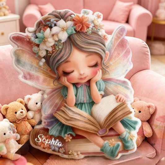 Personalized Fairy Reading Throw Pillow with Custom Name, Cute Book Fairy Cushion, Gift for Kids, Book Lovers & Christmas Decor