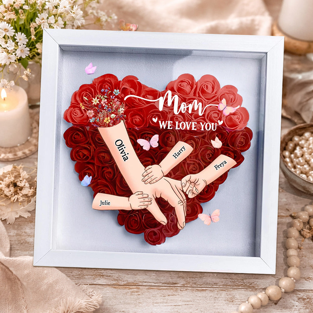 Personalized “Mom, We Love You” Holding Hands Heart Flower Shadow Box – Custom Kids’ Names, Perfect Mother’s Day Gift