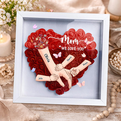 Personalized “Mom, We Love You” Holding Hands Heart Flower Shadow Box – Custom Kids’ Names, Perfect Mother’s Day Gift