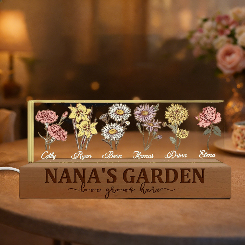 Personalized Grandma's Garden Birth Flower Wood Night Light Unique Gifts for Mom Grandma Christmas Gift