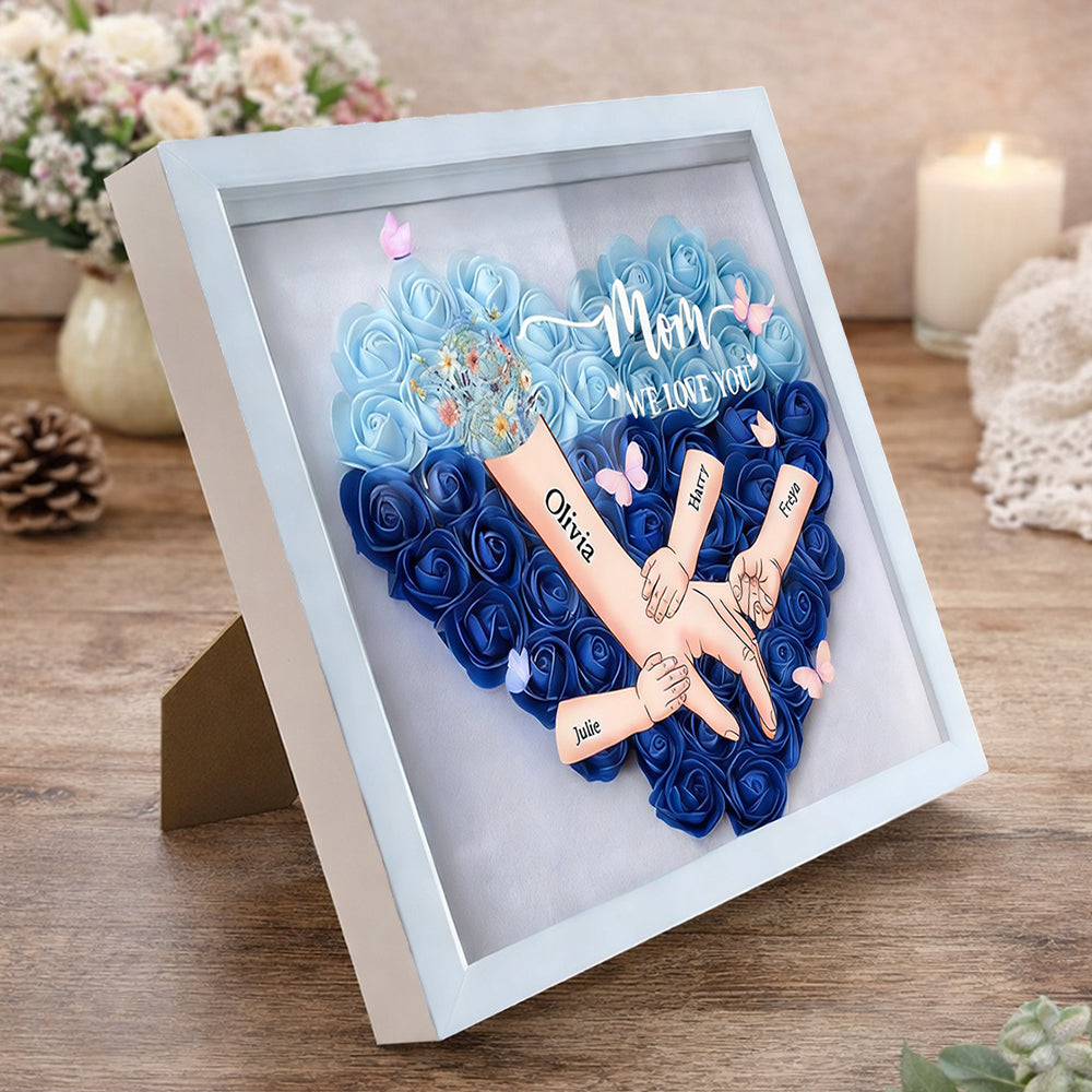 Personalized “Mom, We Love You” Holding Hands Heart Flower Shadow Box – Custom Kids’ Names, Perfect Mother’s Day Gift