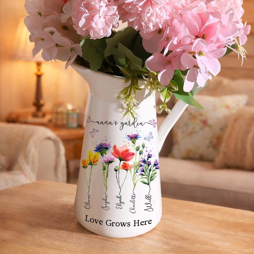 Grandma’s Garden Personalized Birth Flower Vase – Custom Kids’ Names, Mother's Day Gift for Mom or Grandma