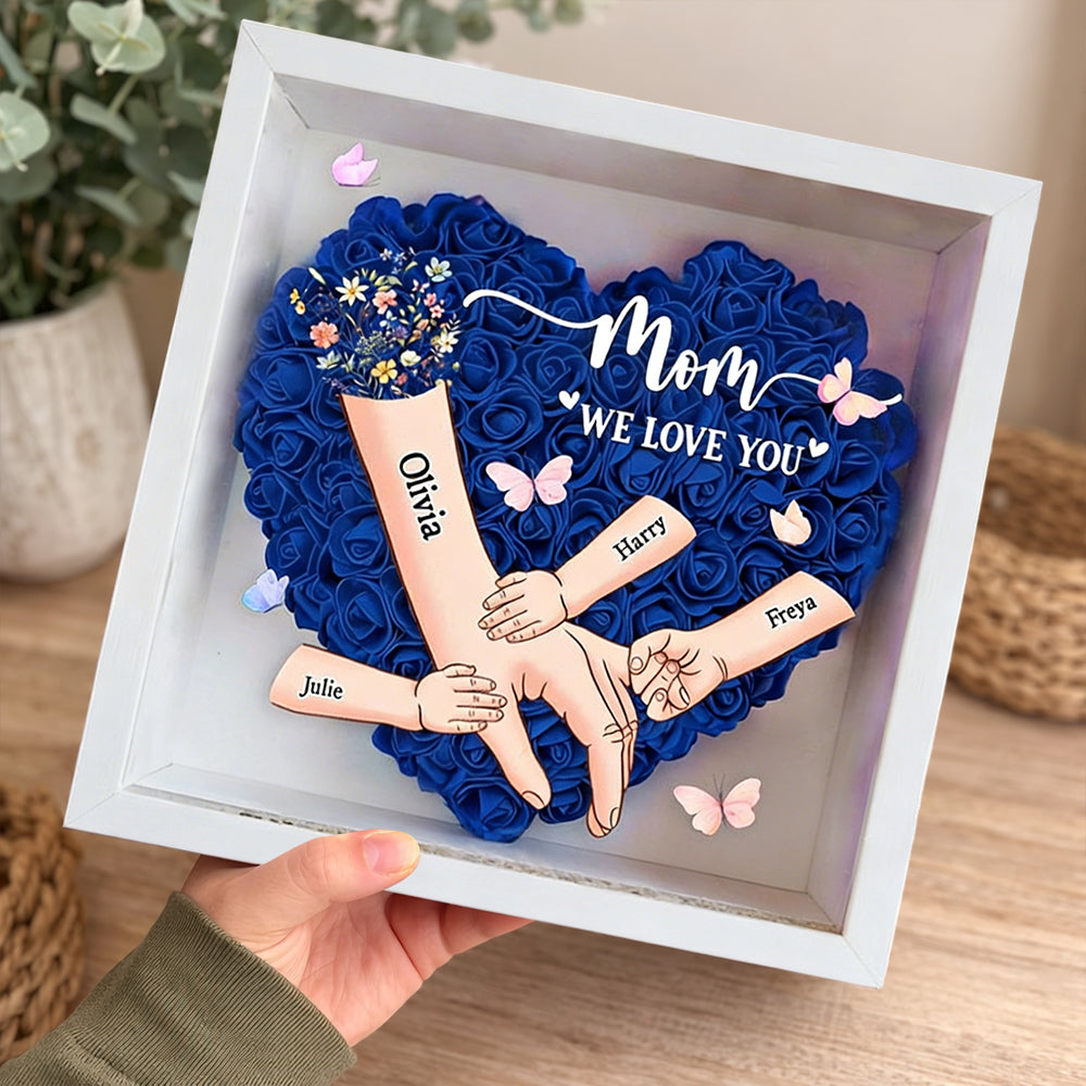 Personalized “Mom, We Love You” Holding Hands Heart Flower Shadow Box – Custom Kids’ Names, Perfect Mother’s Day Gift