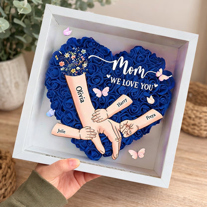 Personalized “Mom, We Love You” Holding Hands Heart Flower Shadow Box – Custom Kids’ Names, Perfect Mother’s Day Gift